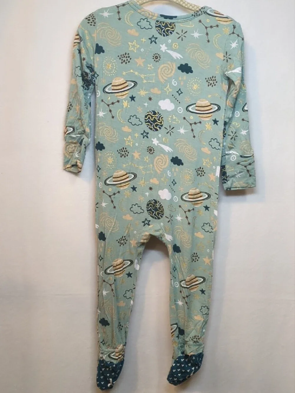 Posh Peanut Space-Print One-Piece Footed Pajamas - Mint Green